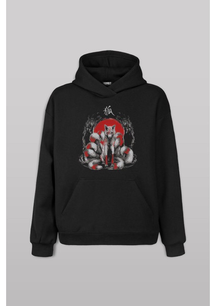 Siyah Sweatshirt Kitsune Japon Tilkisi Japanese Ön Baskılı Unisex Kapüşonlu Hoodie