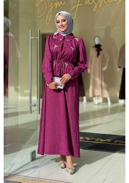 Taş Detaylı Jakar Elbise 3924 Mürdüm