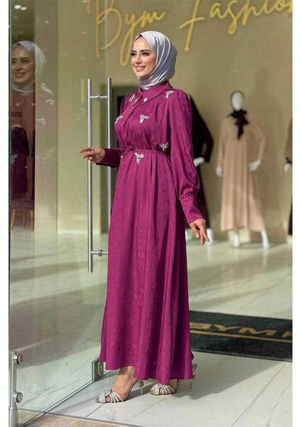 Taş Detaylı Jakar Elbise 3924 Mürdüm modelleri