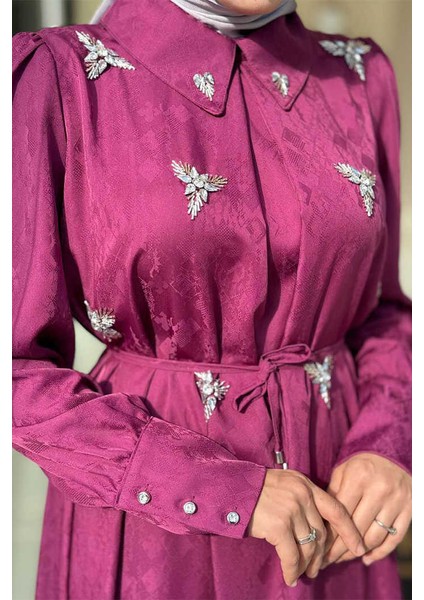 Taş Detaylı Jakar Elbise 3924 Mürdüm fırsatları