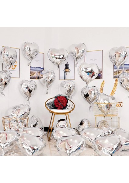 Metalize Parlak Gümüş Kalp Şekilli Uçan Balon Folyo 18 Inç 45 cm 10 Adet fiyatları