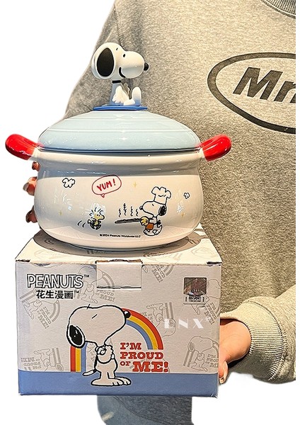 Snoopy Seramik Erişte Kasesi Çorba Kasesi Çift Kulaklı Kapaklı Büyük Kapasiteli (Yurt Dışından)