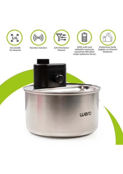 Otomatik Kedi Köpek Su Şelalesi Su Pınarı Su Sebili (Paslanmaz Çelik) - Hareket Sensörü - 5200 mAh Şarj Edilebilir Batarya 180 Gün Bekleme Süresi - 3.5 Lt Otomatik Su Temizleme - Siyah