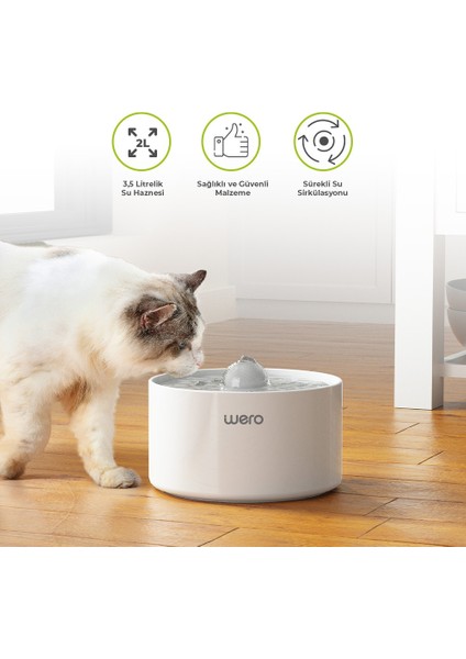Otomatik Kedi Köpek Su Şelalesi Su Pınarı Su Sebili (Seramik) - Sessiz Çalışma - 2.0 Lt Otomatik Su Temizleme - Beyaz