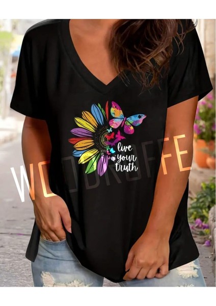 Kadın V Yaka Siyah Baskılı T-Shirt Salaş Rahat Kesim Boyfirend
