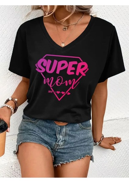 Kadın V Yaka Baskılı Siyah Oversize T-Shirt Salaş Boyfirend