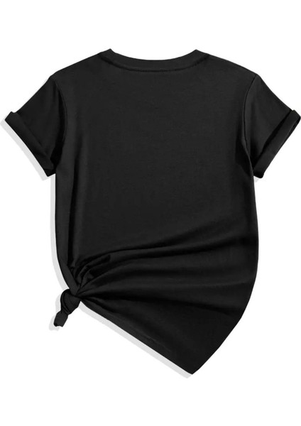 Kadın V Yaka Baskılı Siyah Oversize T-Shirt Salaş Boyfirend
