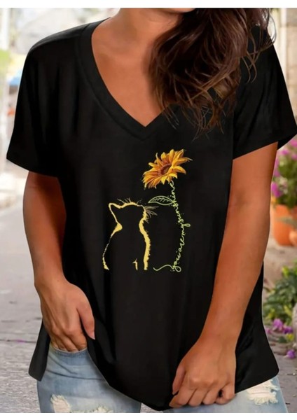 Kadın V Yaka Baskılı Siyah/beyaz Salaş Oversize T-Shirt