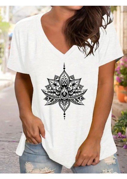 Kadın V Yaka Baskılı Siyah/beyaz Salaş Oversize T-Shirt