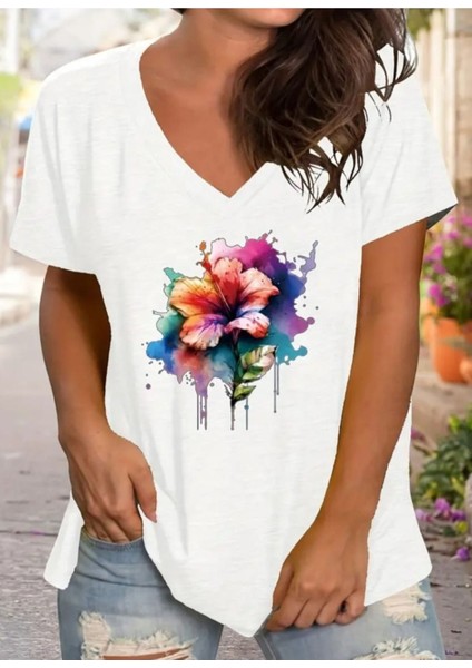 Kadın V Yaka Baskılı Siyah/beyaz Salaş Oversize T-Shirt