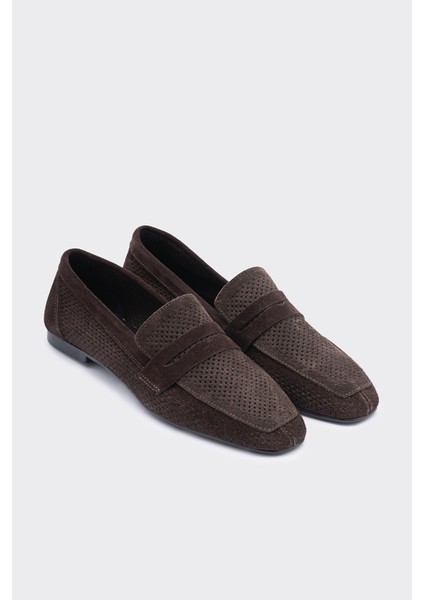 Lamme Kahverengi Süet Deri Kadın Loafer modelleri