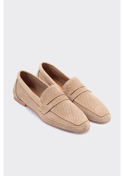 Lamme Bej Süet Deri Kadın Loafer modelleri