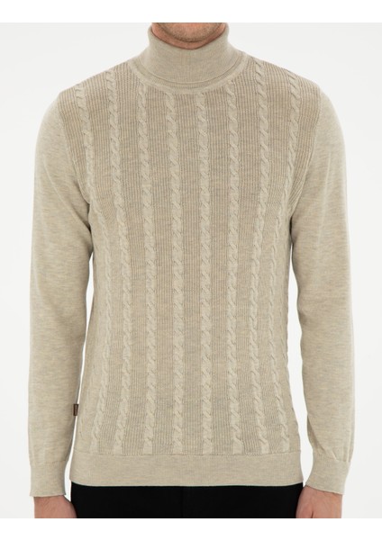 Erkek Kum Melanj Slim Fit Balıkçı Yaka Triko Kazak 50300500-VR123