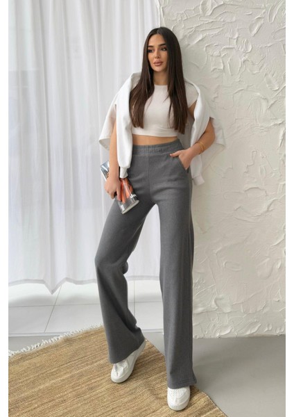 Kadın Füme Yüksek Bel Bol Paça Kaşkorse Fitilli Cepli Pantolon Eşofman Altı