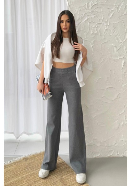 Kadın Füme Yüksek Bel Bol Paça Kaşkorse Fitilli Cepli Pantolon Eşofman Altı fırsatları