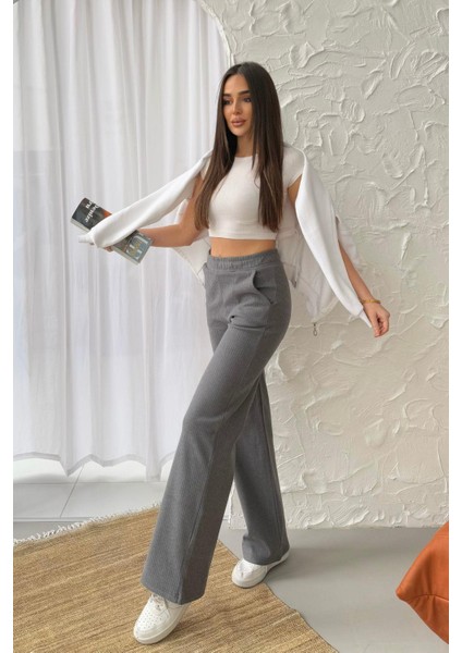 Kadın Füme Yüksek Bel Bol Paça Kaşkorse Fitilli Cepli Pantolon Eşofman Altı indirimleri