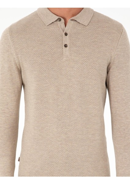 Erkek Kum Melanj Slim Fit Düğmeli Polo Yaka Triko Kazak 50300506-VR123