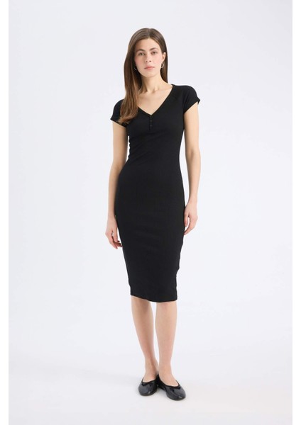 Bodycon Vücudu Saran V Yaka Fitilli Kaşkorse Kısa Kollu Midi Elbise E7368AX25SP