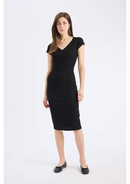 Bodycon Vücudu Saran V Yaka Fitilli Kaşkorse Kısa Kollu Midi Elbise E7368AX25SP