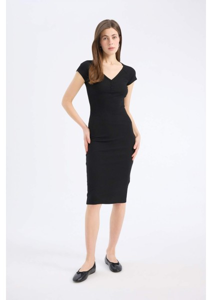 Bodycon Vücudu Saran V Yaka Fitilli Kaşkorse Kısa Kollu Midi Elbise E7368AX25SP
