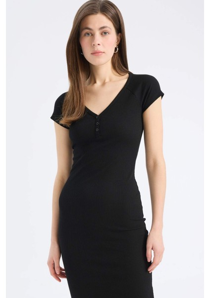 Bodycon Vücudu Saran V Yaka Fitilli Kaşkorse Kısa Kollu Midi Elbise E7368AX25SP