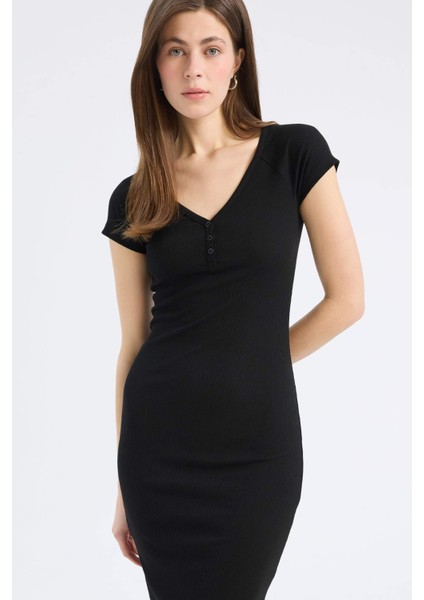 Bodycon Vücudu Saran V Yaka Fitilli Kaşkorse Kısa Kollu Midi Elbise E7368AX25SP