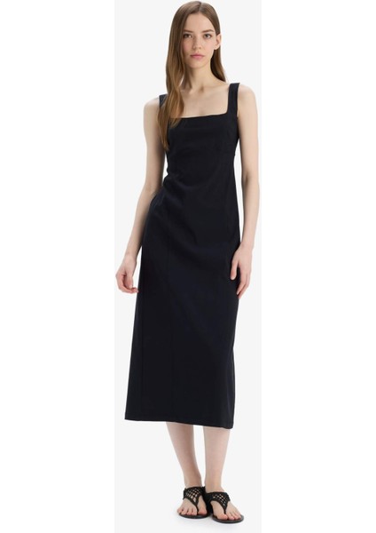 Bodycon Vücudu Saran Basic Düz Kare Yaka Askılı Maxi Elbise C5027AX25SP