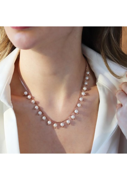 Sıra Incili Rose Gold Trend Gümüş Kolye modelleri