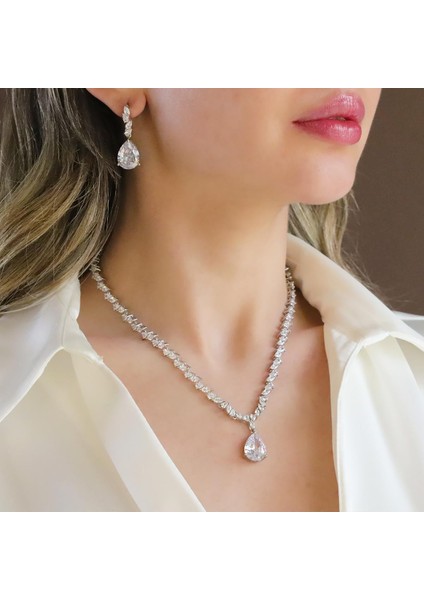 Damla Taşlı Işıltılı Gümüş Set fiyatları