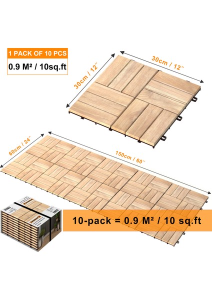 Interbuild “Gerçek Tik” Klasik Kilitli Karo Deck ,Yüzeyi İşlenmemiş 30×30 cm (10'lu Paket) 20 Çıtalı