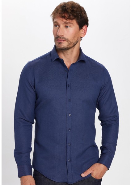 Erkek Slim Fit Dar Kesim Uzun Kollu Pamuklu Kolay Ütü Armürlü Lacivert Gömlek