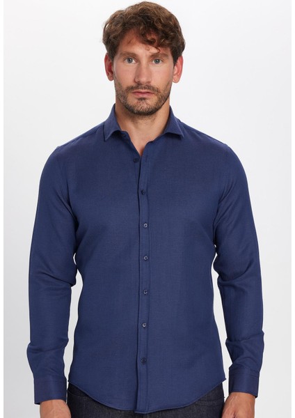 Erkek Slim Fit Dar Kesim Uzun Kollu Pamuklu Kolay Ütü Armürlü Lacivert Gömlek modelleri