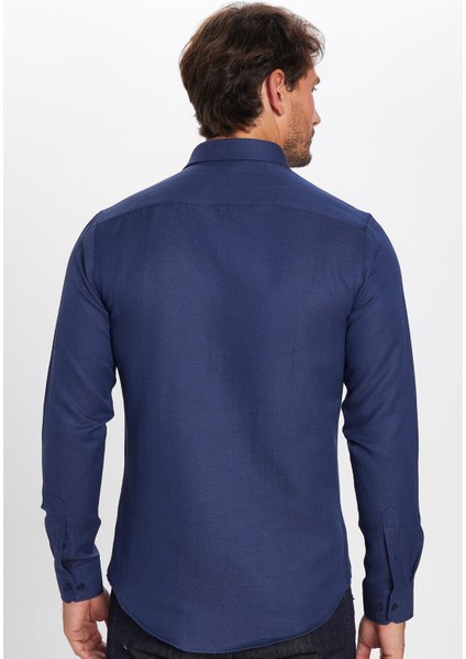 Erkek Slim Fit Dar Kesim Uzun Kollu Pamuklu Kolay Ütü Armürlü Lacivert Gömlek indirimleri