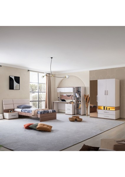 Milano Genç Odası - 3 Kapaklı Aynalı Dolap, Karyola, Komodin, Çalışma Masası, Kitaplık