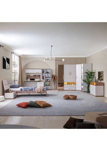 Milano Genç Odası -5 Kapaklı Aynalı Dolap, Karyola, Komodin, Çalışma Masası, Şifonyer, Kitaplık