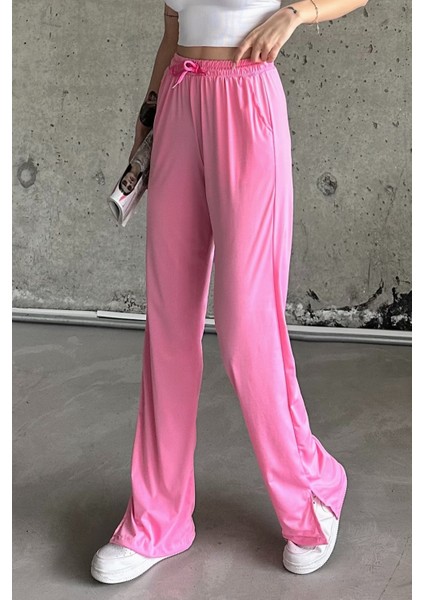 Şeker Pembe Beli Lastikli Yırtmaçlı Yüksek Bel Eşofman Altı