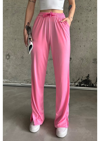 Şeker Pembe Beli Lastikli Yırtmaçlı Yüksek Bel Eşofman Altı