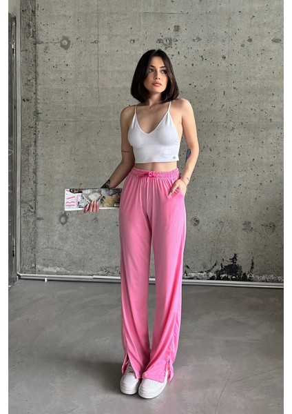 Şeker Pembe Beli Lastikli Yırtmaçlı Yüksek Bel Eşofman Altı