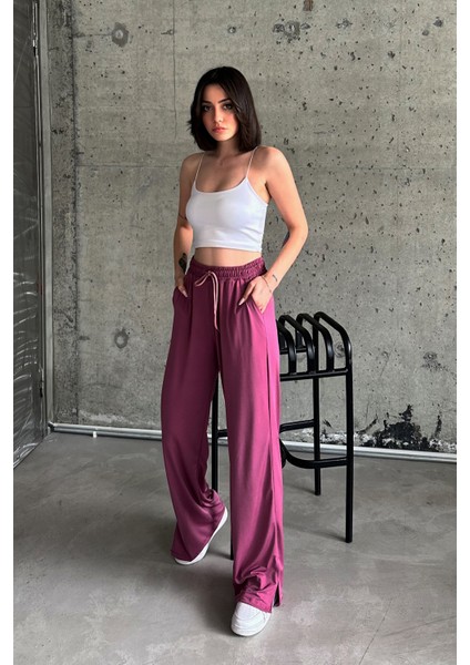 Gül Kurusu Beli Lastikli Yırtmaçlı Yüksek Bel Eşofman Altı