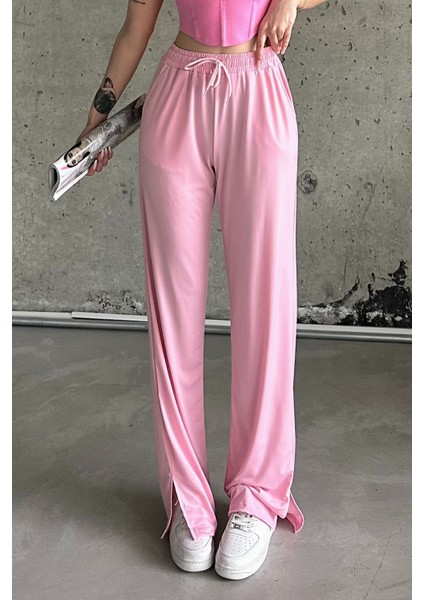Pembe Beli Lastikli Yırtmaçlı Yüksek Bel Eşofman Altı