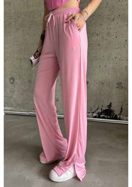 Pembe Beli Lastikli Yırtmaçlı Yüksek Bel Eşofman Altı