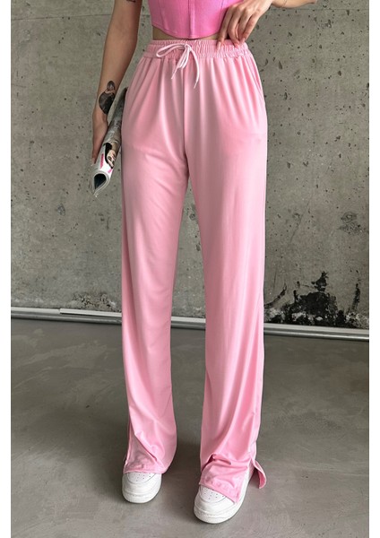 Pembe Beli Lastikli Yırtmaçlı Yüksek Bel Eşofman Altı