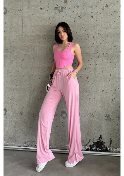 Pembe Beli Lastikli Yırtmaçlı Yüksek Bel Eşofman Altı