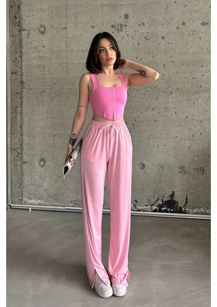 Pembe Beli Lastikli Yırtmaçlı Yüksek Bel Eşofman Altı