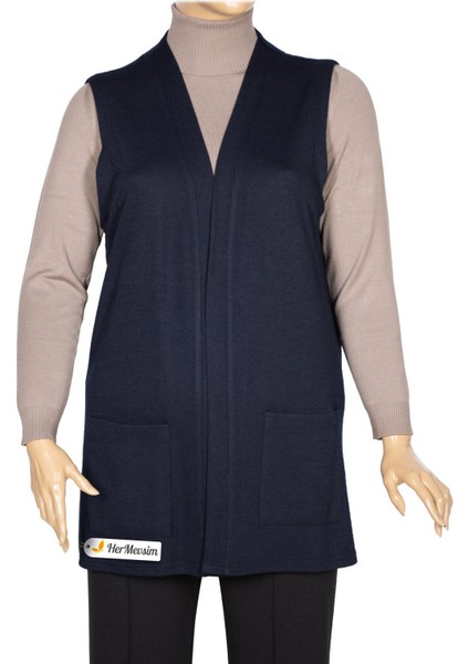 Hesna Kadın Buğra Cepli Düğmesiz Lacivert Yelek