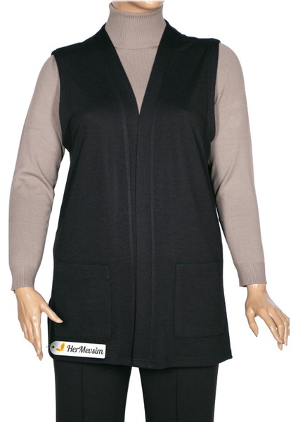 Hesna Kadın Buğra Cepli Düğmesiz Siyah Yelek