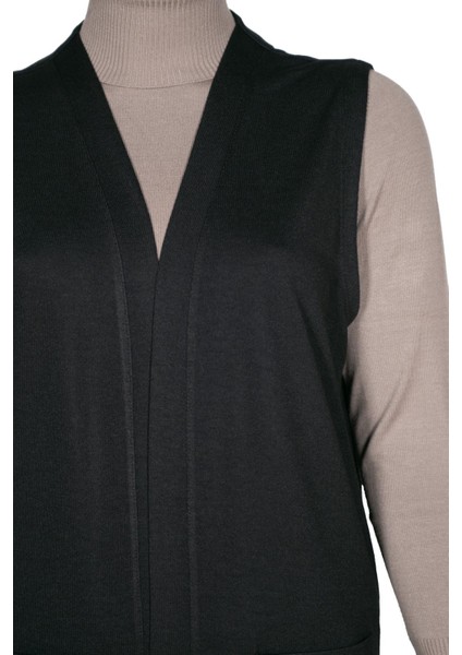 Hesna Kadın Buğra Cepli Düğmesiz Siyah Yelek fiyatları