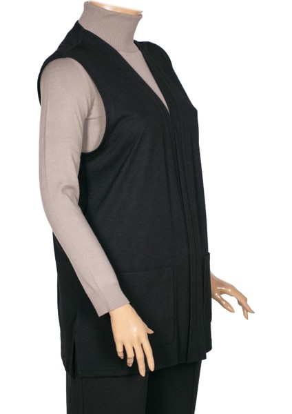 Hesna Kadın Buğra Cepli Düğmesiz Siyah Yelek modelleri