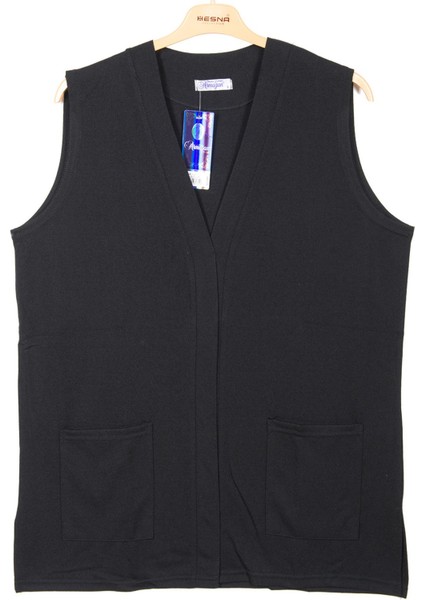 Hesna Kadın Buğra Cepli Düğmesiz Siyah Yelek indirimleri