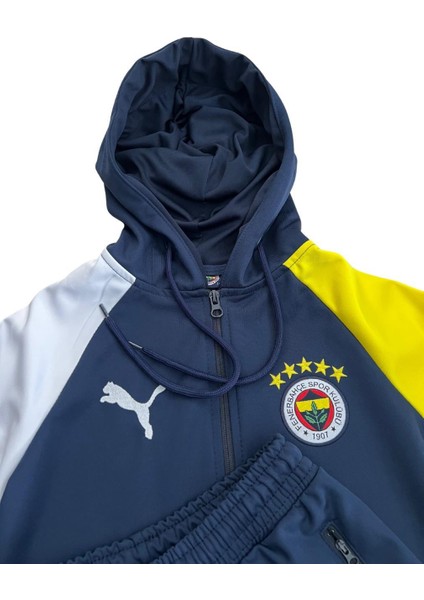 Lacivert Kapüşonlu Rüzgar Geçirmez Sarı Lacivert Nakış Işlemeli Çocuk Eşofman Takımı